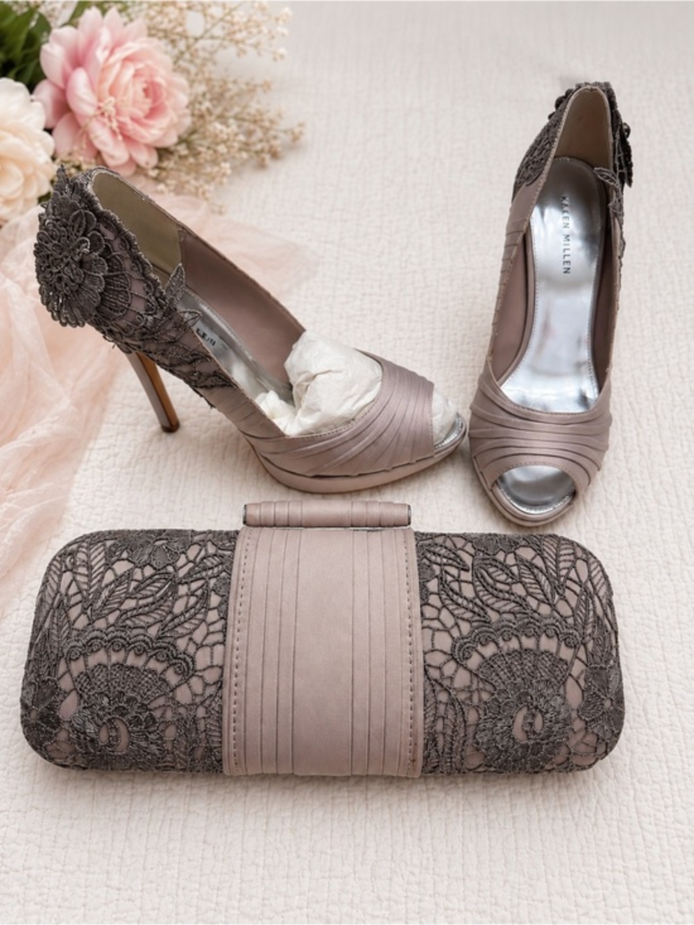Karen Millen EU 39 US 8.5 Lace Heels & Matching Clutch Set Mauve Wedding Formal